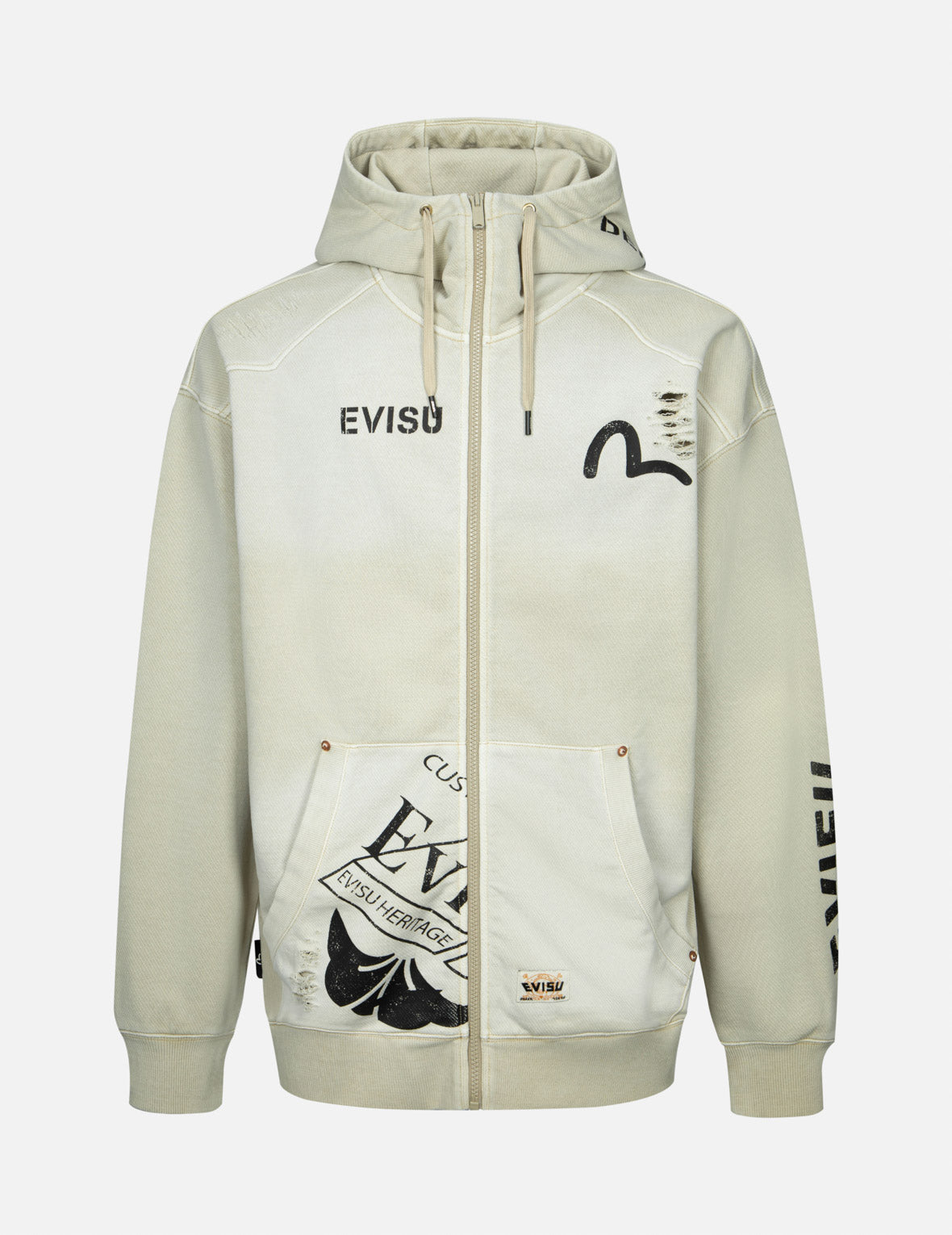 Multi Logos Print Loose Fit Washed Zip-Up Hoodie – EVISU