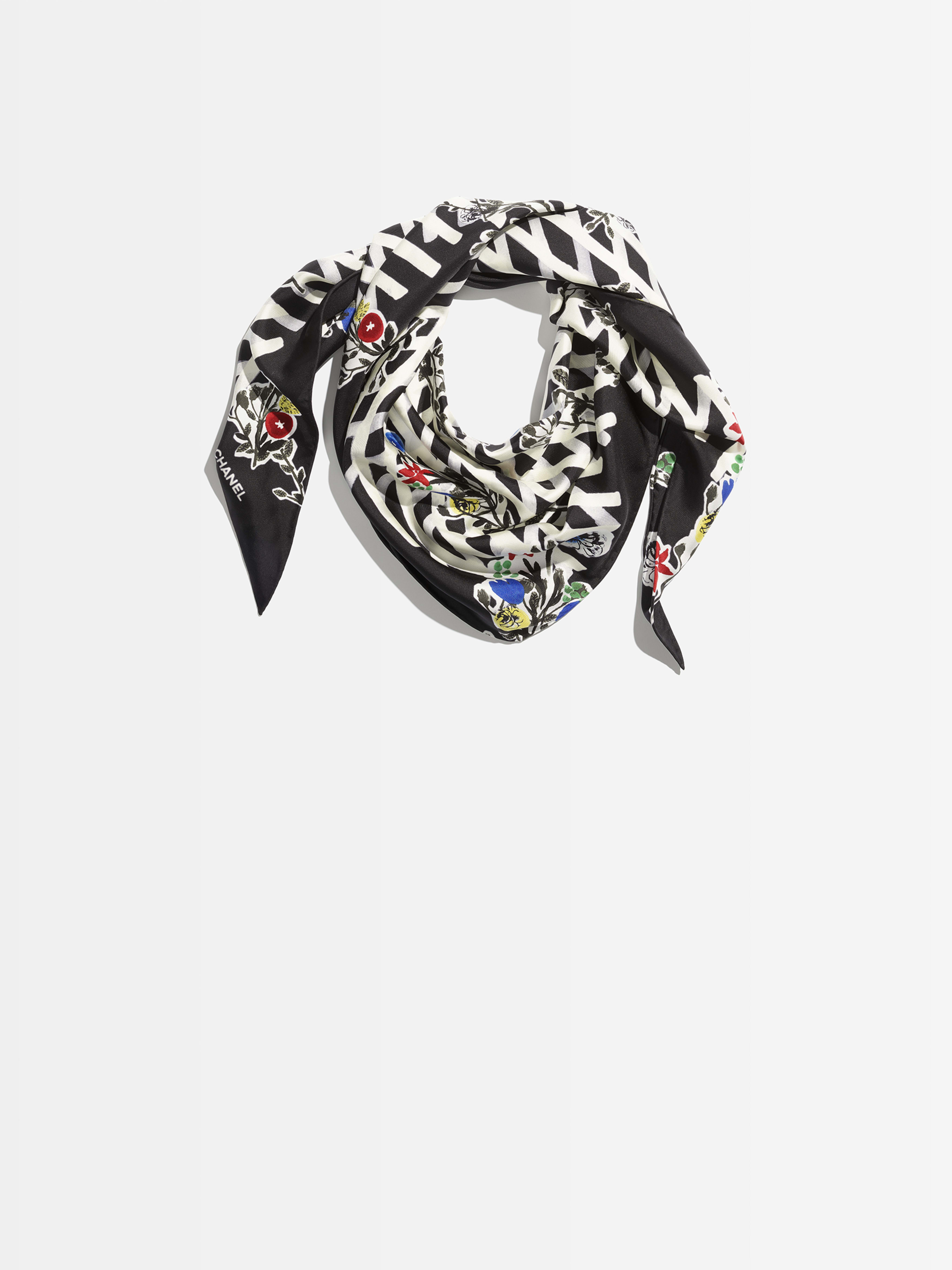 スカーフ - シルク ツイル、ブラック、エクリュ、ブルー & レッド