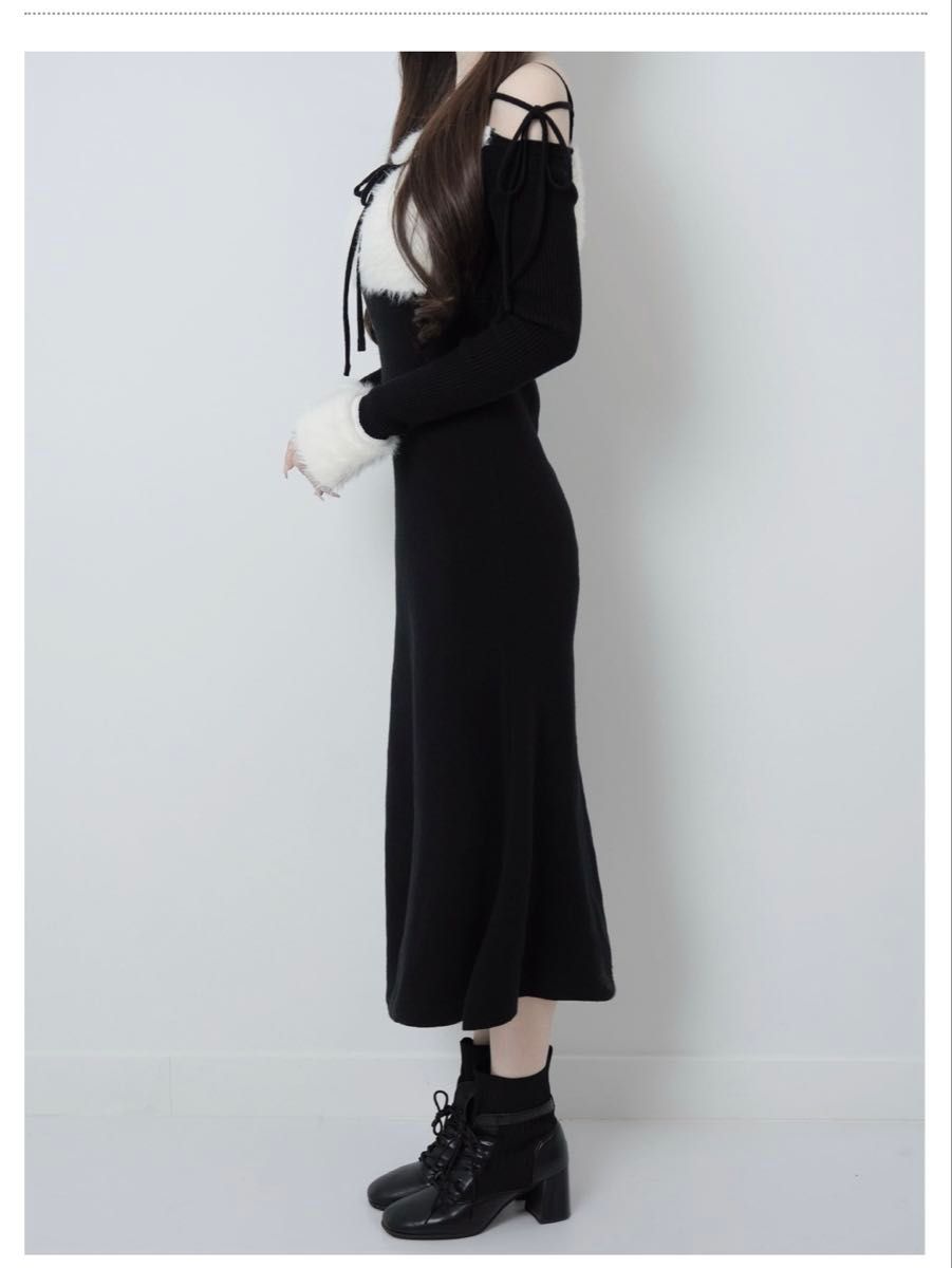 ルミニョン Lumignon original Ribbon bust fluffy long op ブラック