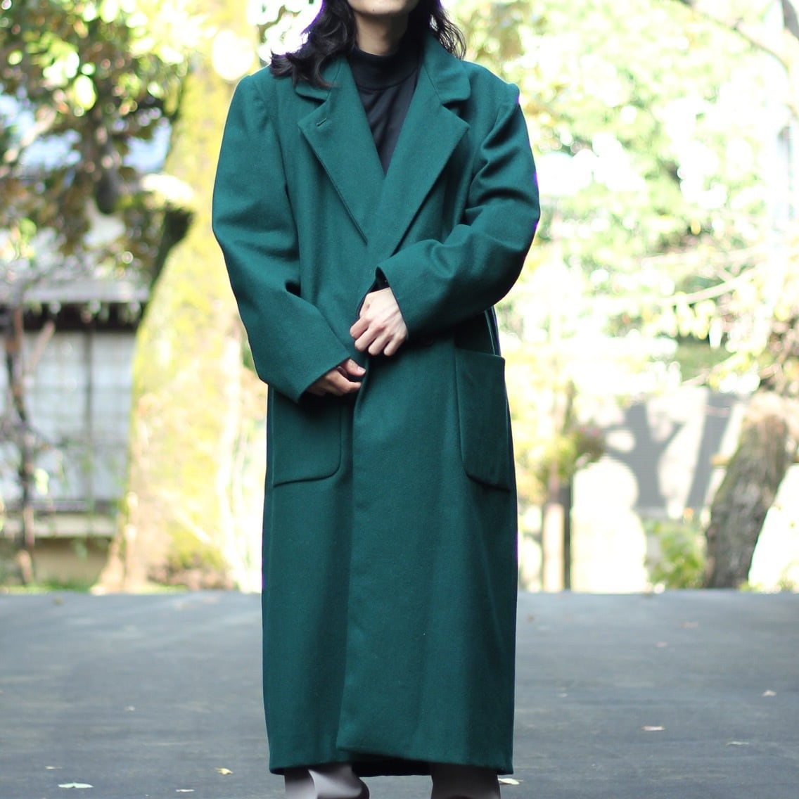ディープエメラルドグリーン ウール ダブルブレスト チェスターコート