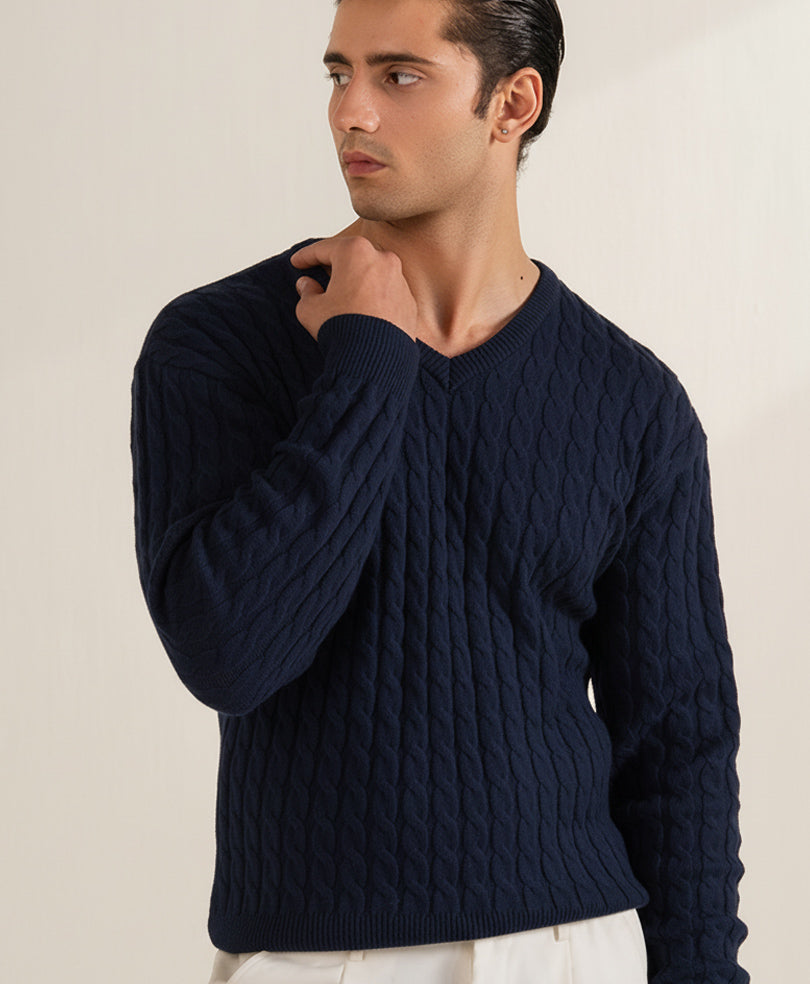 DK Navy Cable Knit V-Neck Sweater - FITTED
