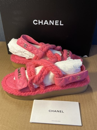 Authentic CHANEL Quilted Lamb Skin Rope Ladies Sandals G34602 Pink