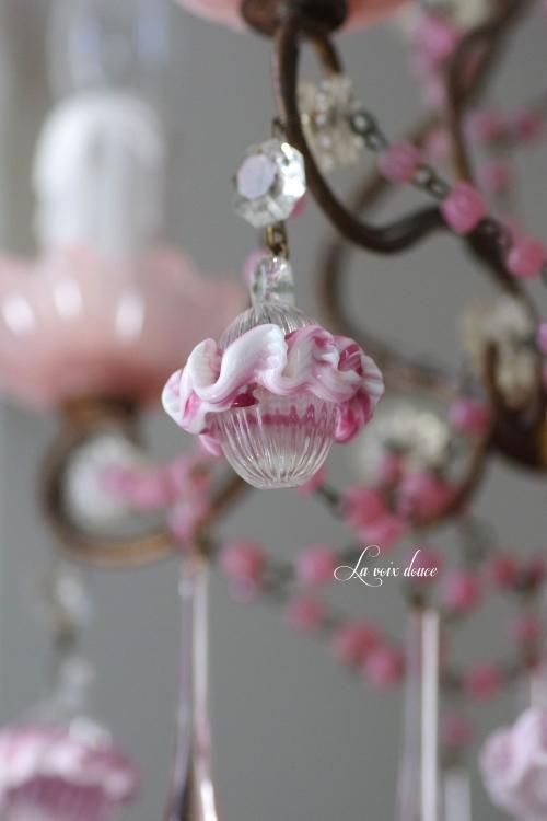 978フランスアンティークピンクオパリンガラスドロップcage4灯