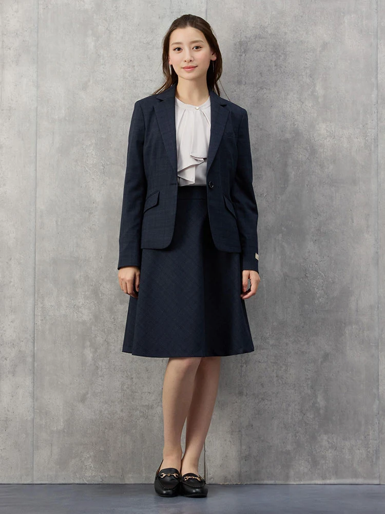 M．グレー デレガントスーツ フレアスカート 先染めチェック グレー