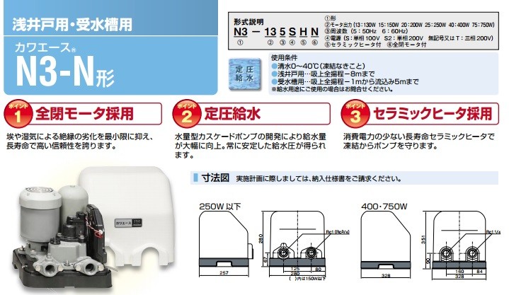 川本ポンプ 井戸ポンプ 給水ポンプ カワエース N3-755(6)S2HN 750W 単