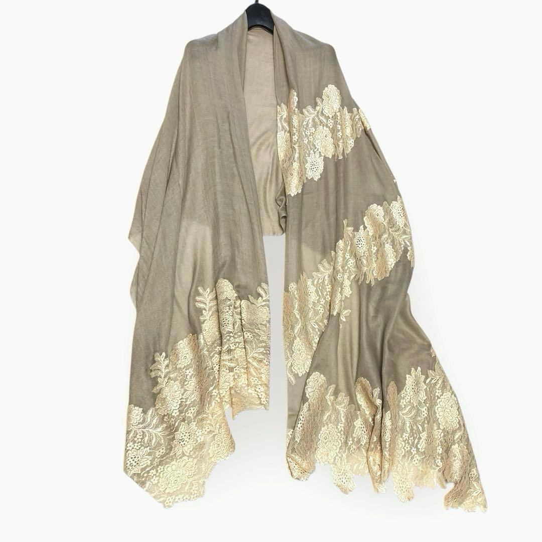 ヴィンテージシェイズ 高級レース付ストール シルク&ウール 異素材デザイン シルクストール 絹 シルク ストール 高級 高品質 ジャガードストール