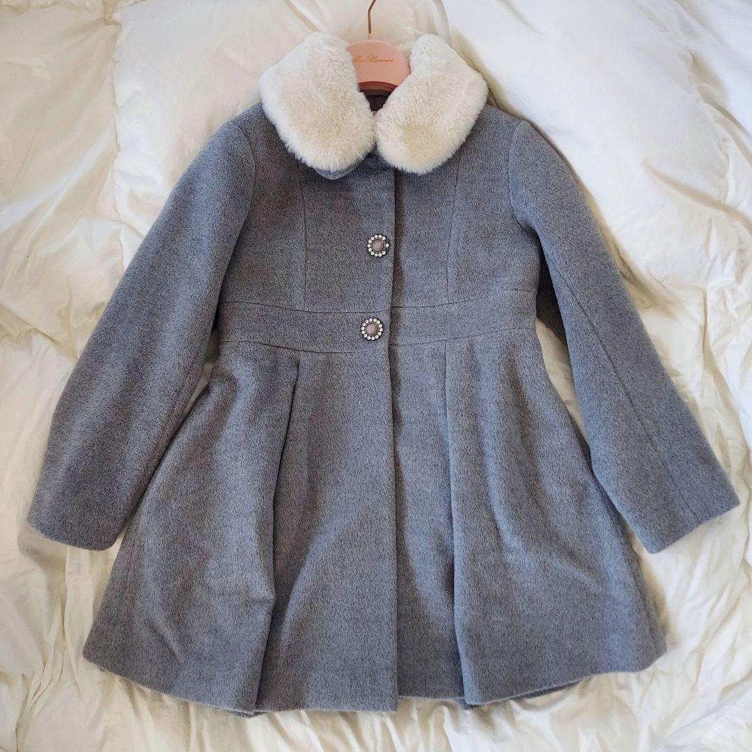 ケイト・スペード グレー ウールコート ファー襟付き フェイクファーカラーウールコート(120cm ブルー グレー): キッズ