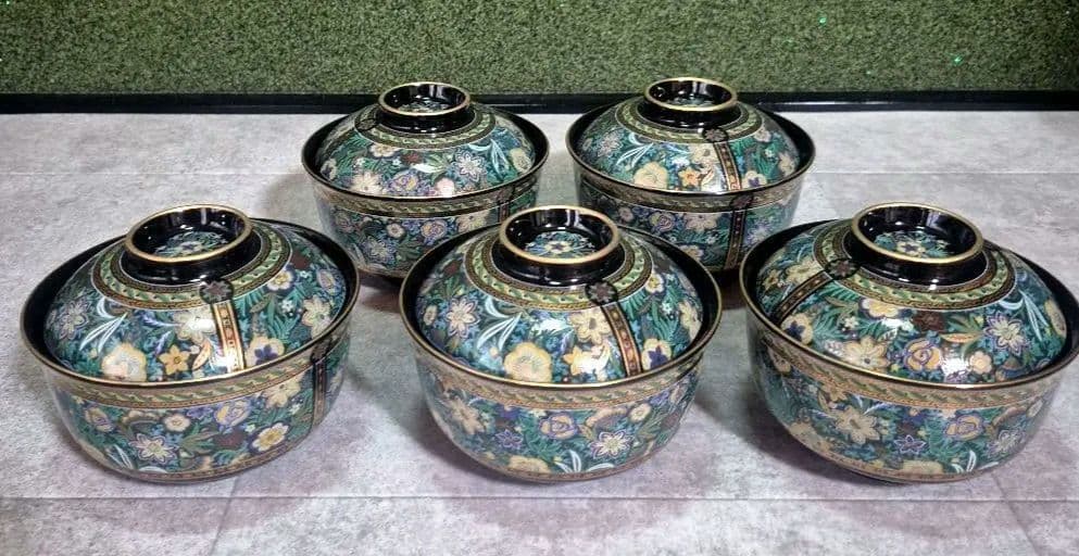【未使用】前畑　庫山窯　金彩唐草　花更紗　蓋付き　丼ぶり　蓋付き碗 前畑陶器 庫山窯 蓋付きどんぶり揃 5客セット 丼ぶり 蓋付き碗 色絵